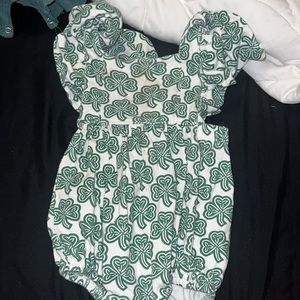 Kate Quinn Baby ruffle strap bubble celtic clover organic cotton romper